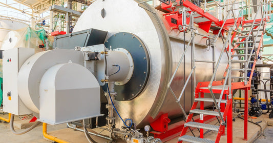 A large stainless steel steam boiler in an industrial facility that has a set of stairs that leads to the top of the boiler.