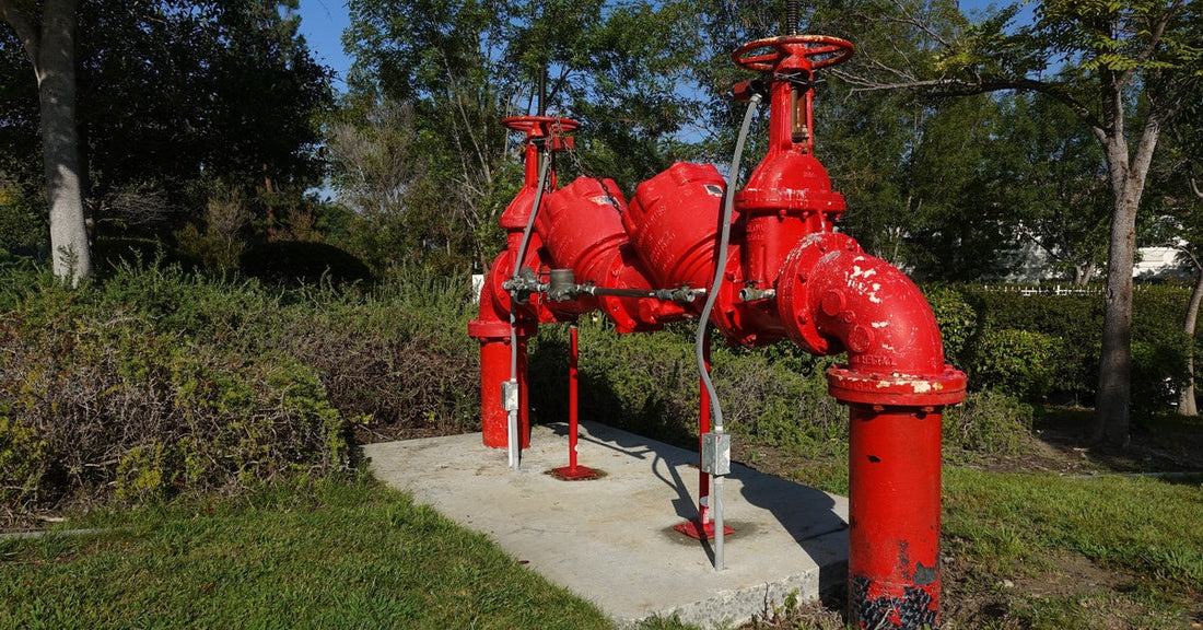 An outdoor water pipe network with red paint on it. The network sits above ground on a concrete slab surrounded by trees.
